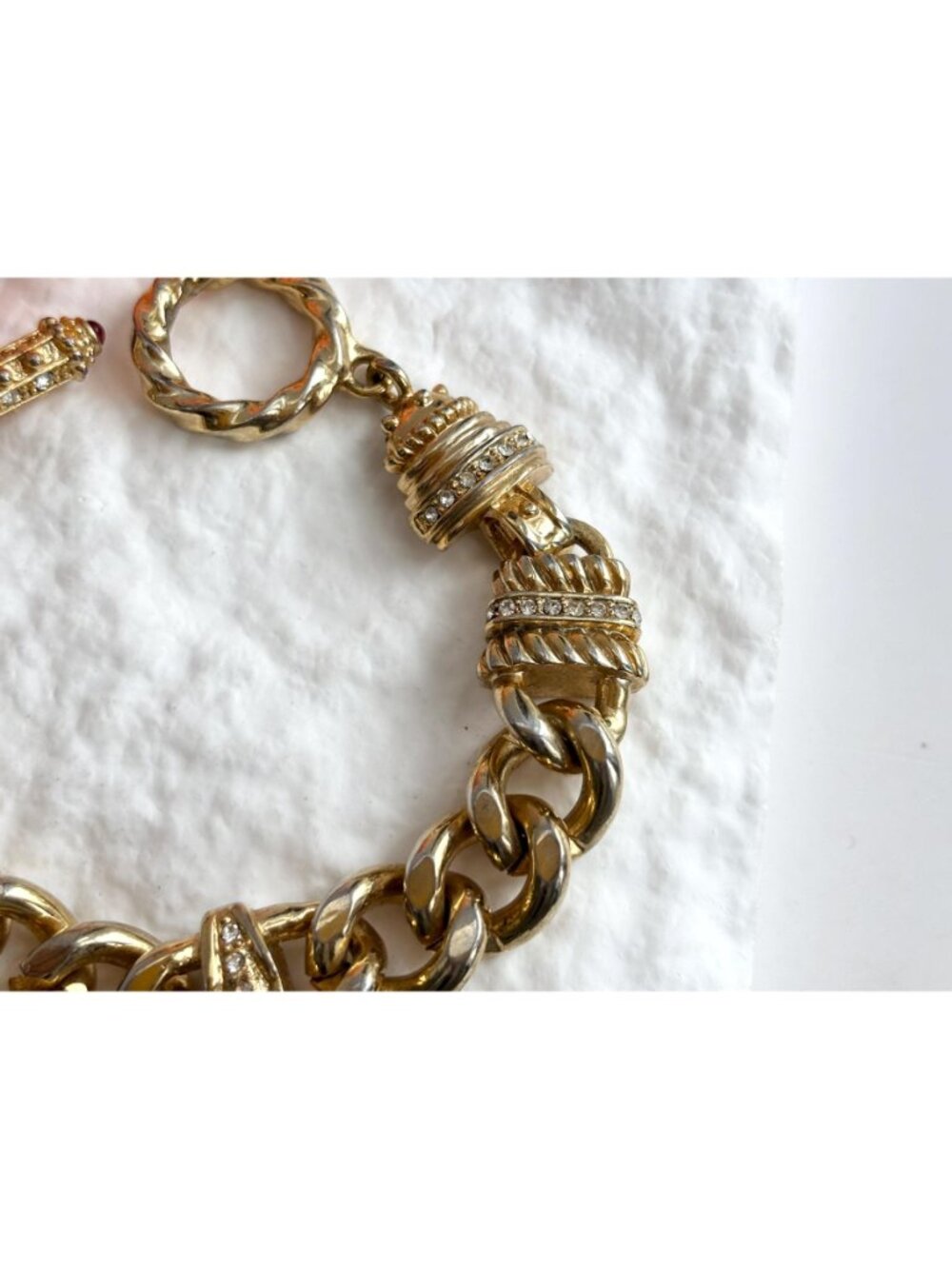 Gold Toned Curb Chain Chunky Rhinestone Accented Vintage 80's Style Bracelet - Picture 7 of 16